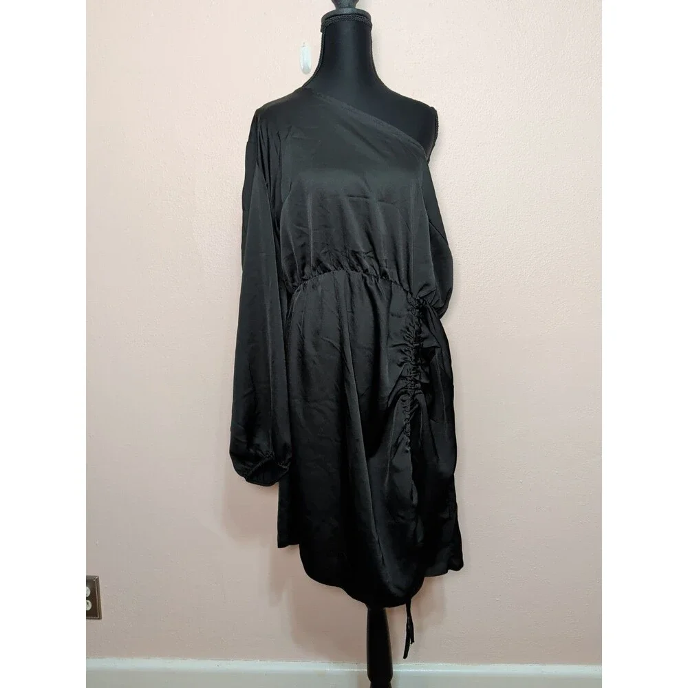 Plus Size Satin One Shoulder Mini Dress Womens Size 18 Black Ruched Sexy - Picture 3 of 13